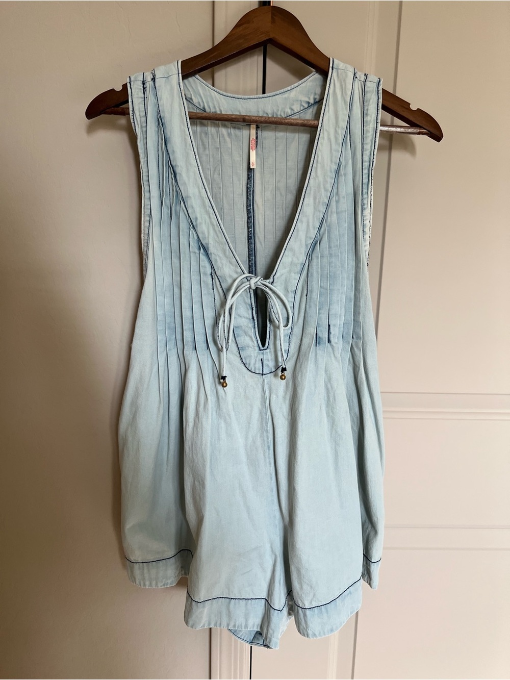 Free People Light Blue Sleeveless V-Neck Romper with Pintucks